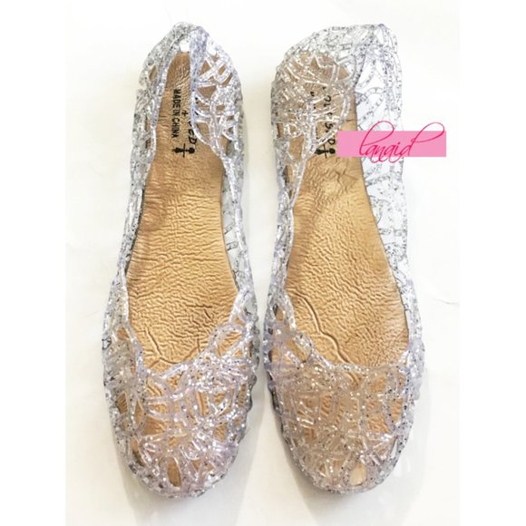 Clear Sparkly Glitter Shimmer Cut-Outs Jelly Flats - Picture 4 of 10